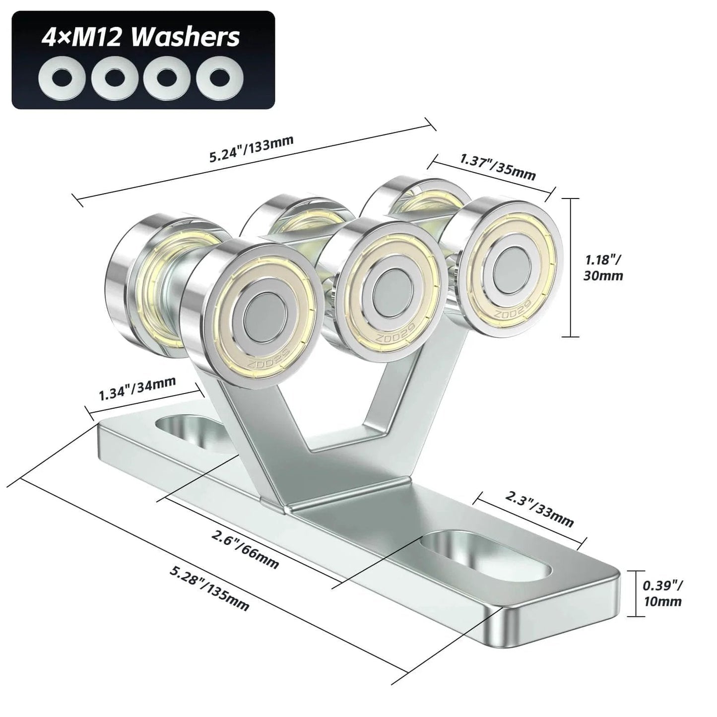 Detailed view of six-wheel trolley assembly for electric hoist with silent rollers and dimensions, compatible with Unistrut channels.