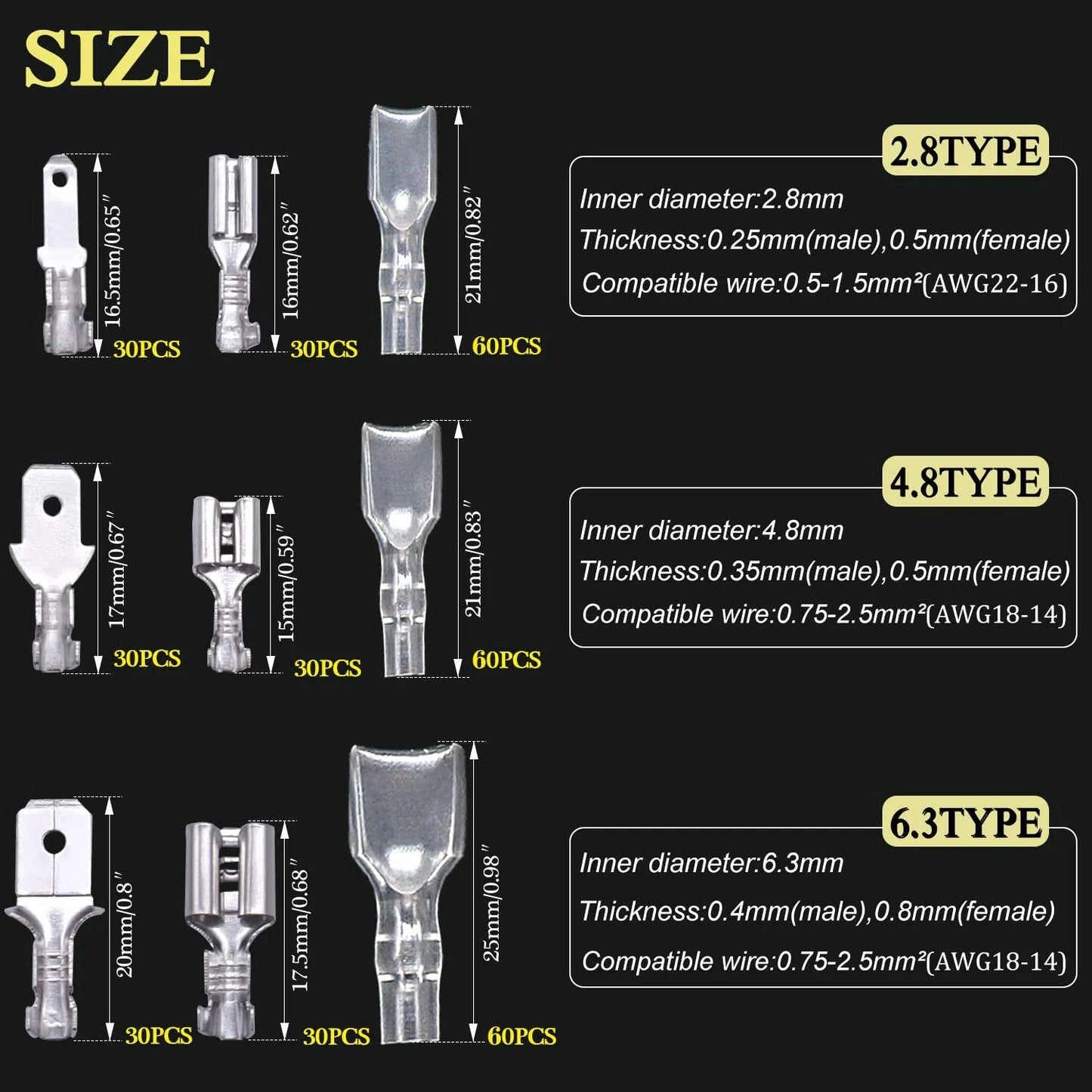 Premium Quick Splice Spade Connector Kit size chart showing 2.8mm, 4.8mm, 6.3mm connectors and nylon insulating sleeves.