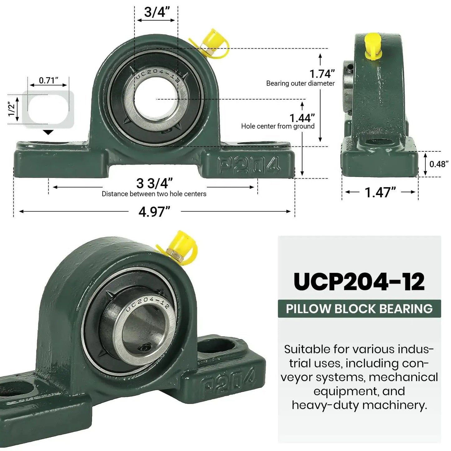 Two Pack Mounted Pillow Block Bearing With Three Quarter Inch Bore And Solid Cast Iron Base Self Aligning Bearing Steel Insert For Heavy Duty Machinery AR-PRO UCP204 12 UCP204-12, showing detailed measurements and design.