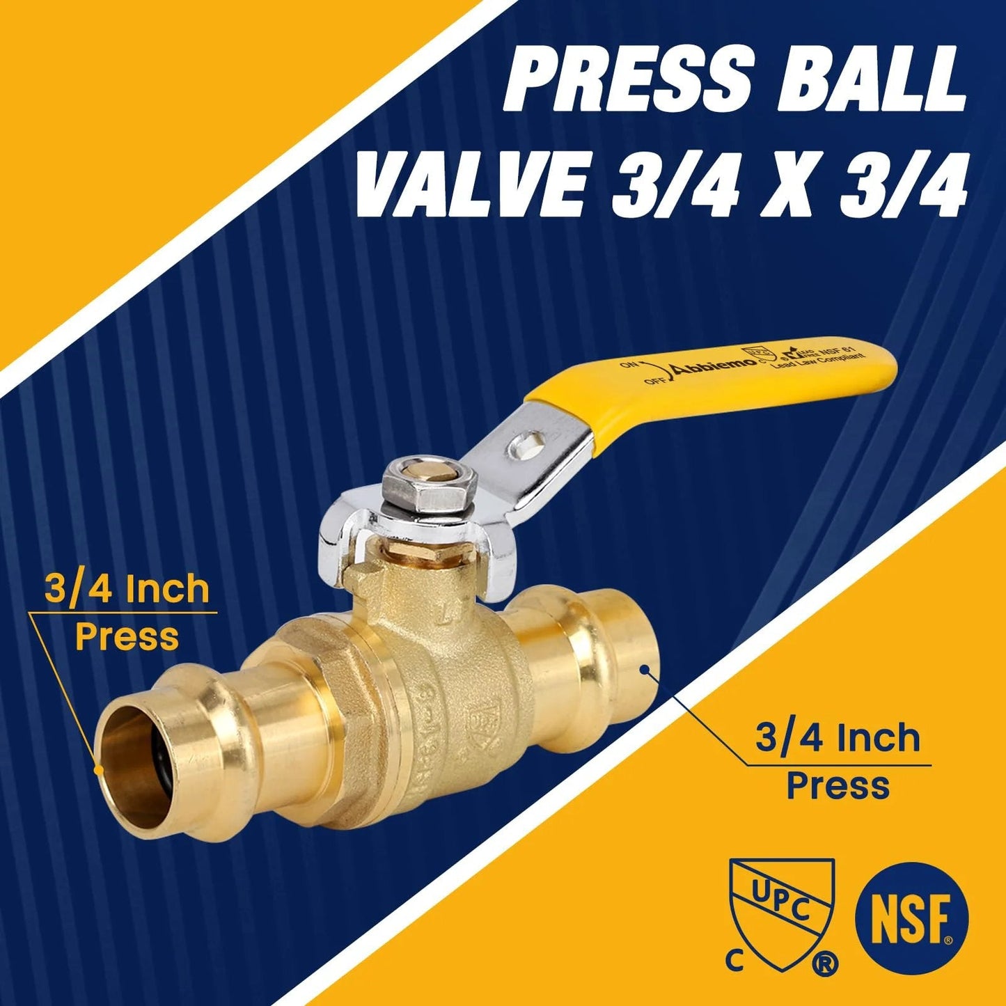 Three Quarter Inch ProPress Ball Valve Kit With EPDM O Ring For Copper Tubing Ten Pack Heavy Duty One Quarter Turn Full Port Shut Off Valves Low Break Torque 250 PSI Rated Press Connections ABBIEMO showing 3/4 inch press connection and yellow handle.