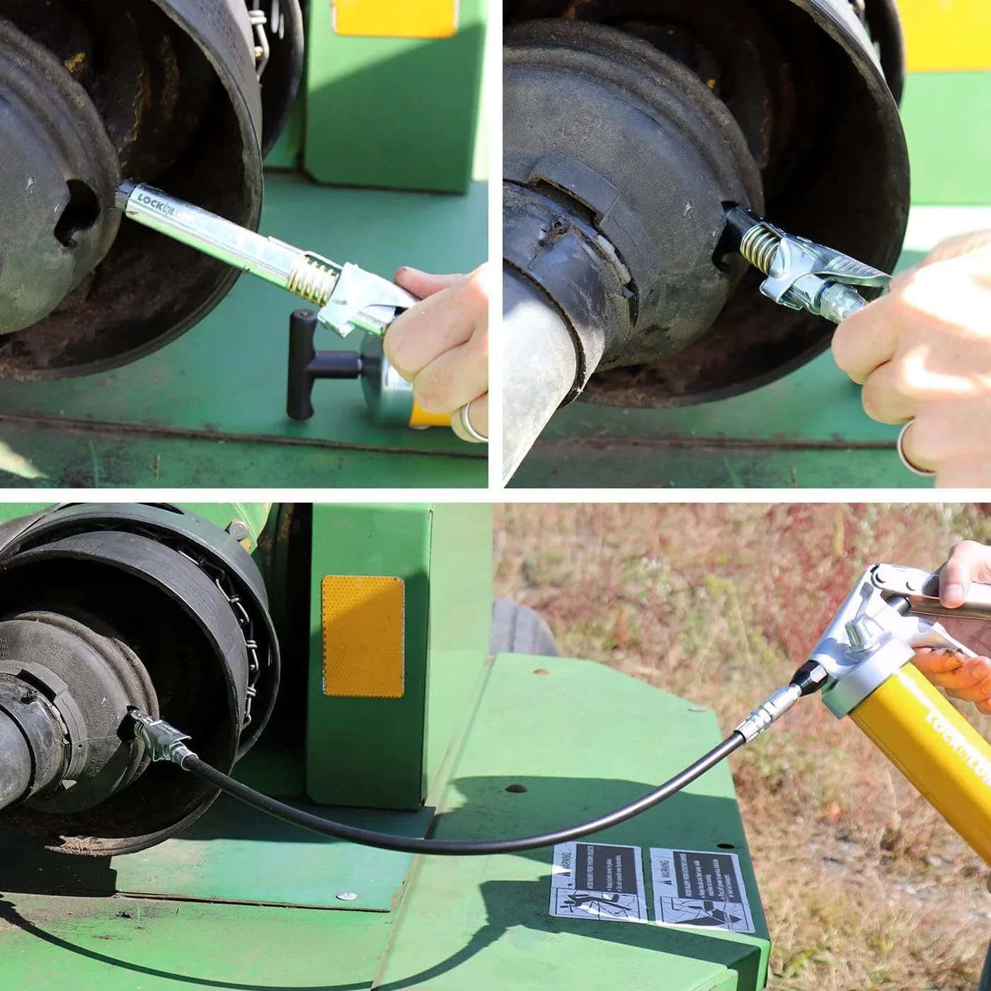 Extra Reach XL Grease Gun Coupler with Universal Fit Locking Hands Free Design for Recessed Fittings in use on machinery