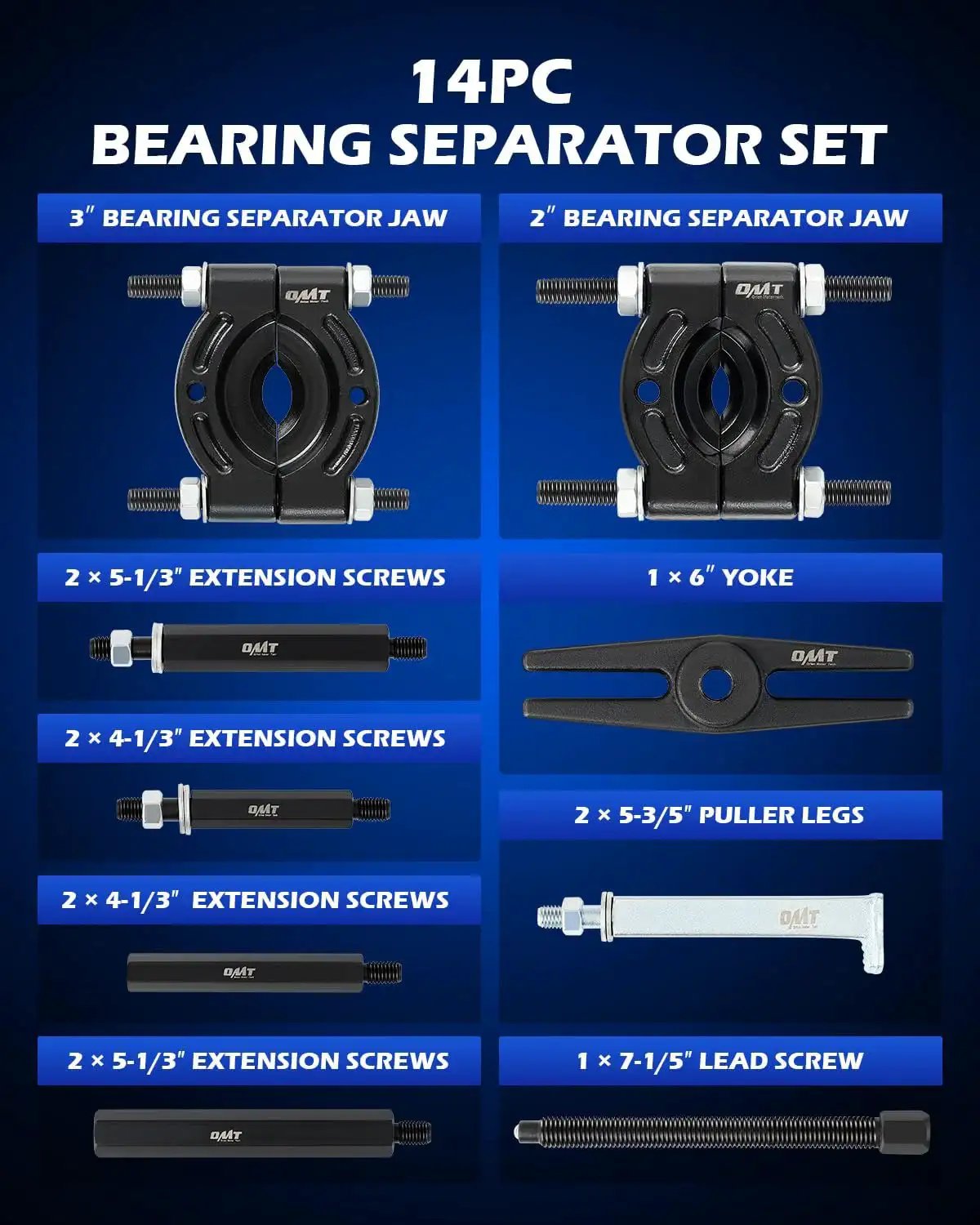 14-piece 5 Ton Bearing Puller Set with 2 and 3 inch jaws and separator tools displayed on blue background
