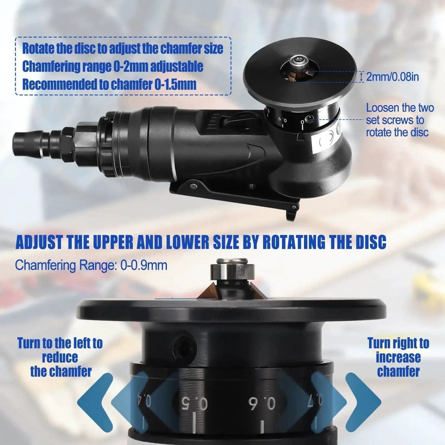 Pneumatic Chamfering Tool For Metal Deburring Mini Beveler Pro Grade Heavy Duty High Speed 30000 RPM With Adjustable Depth 0.1 To 0.9 Mm For Precise Edge Beveling Trimming Arc Corner Deburring And Linear Beveling Black with adjustment disc displayed.