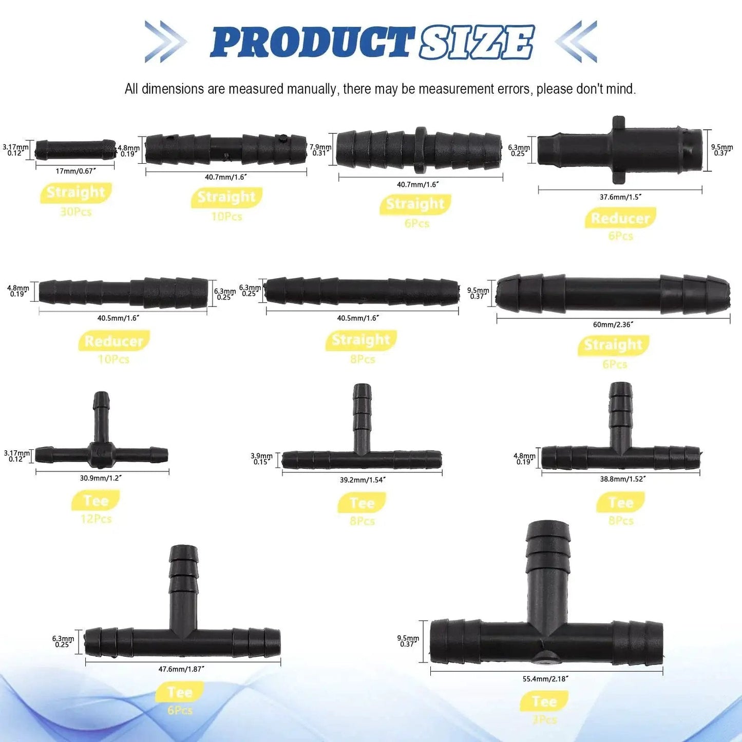 113 Piece Vacuum Connector Set In 12 Sizes, Black Nylon Tubing Connectors For Automotive Hose And Tubing, showing size details