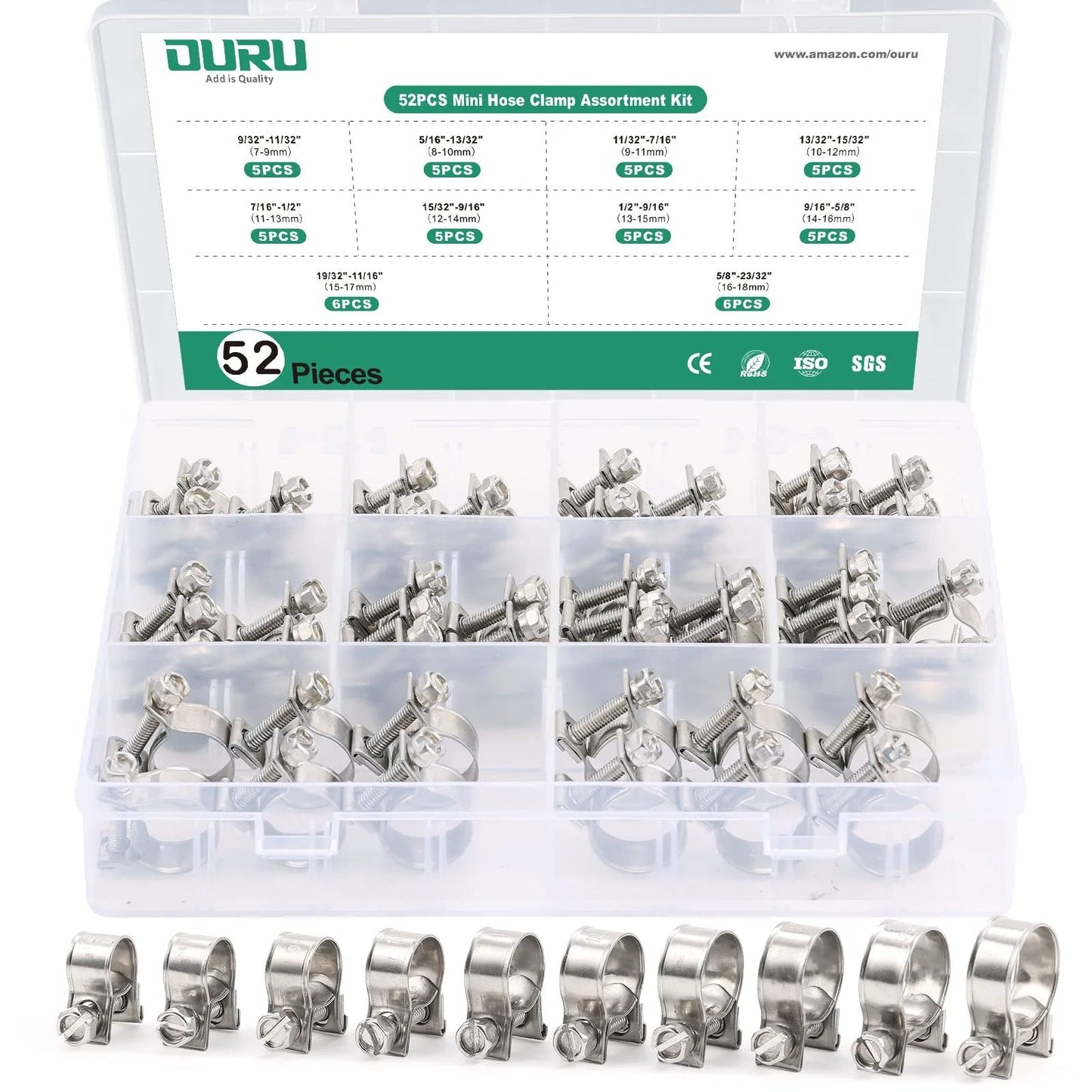 52 Piece Fuel Line Hose Clamp Set Made From 304 Stainless Steel, Adjustable From 9/32 To 23/32 Inch Dia, Mini Auto Gas Line Clamps, 10 Sizes, Built Tough For DIY At Home Auto Repairs And Pro Shop Use