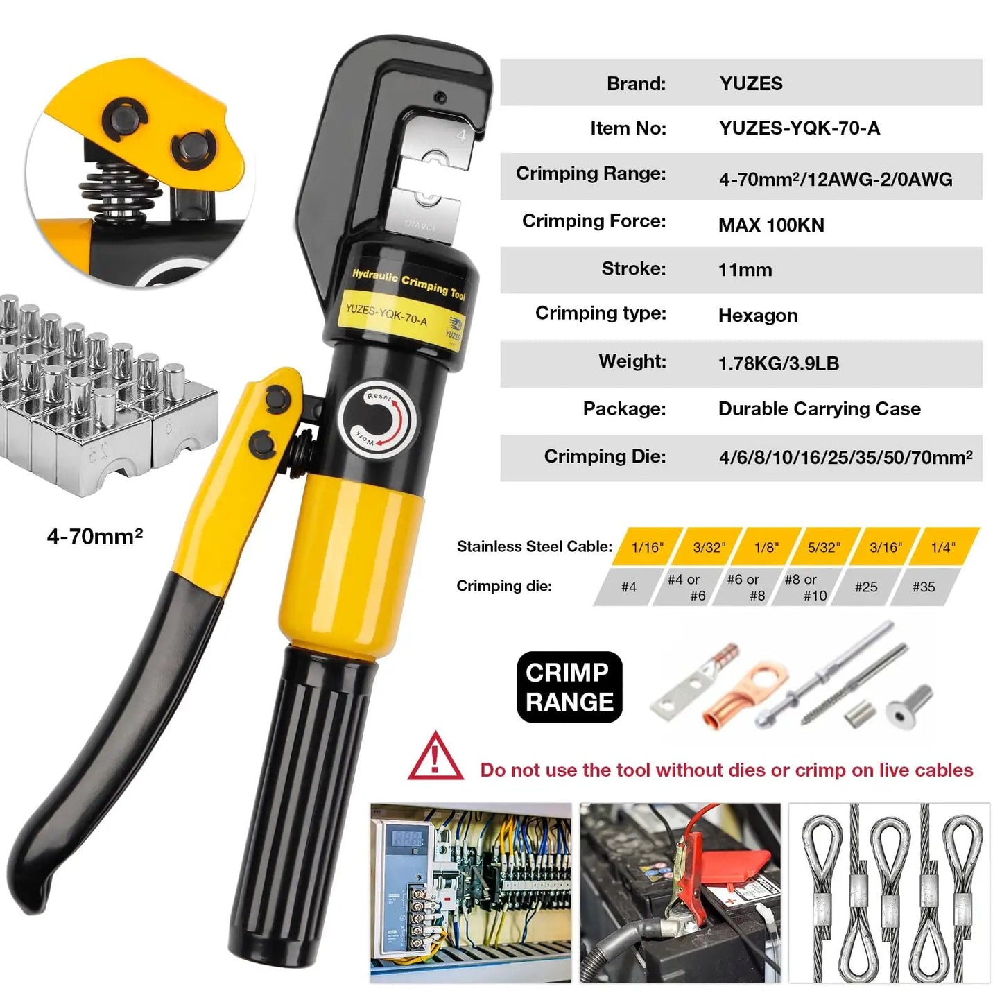 Beefy Heavy Duty Hydraulic Crimping Tool And Cable Cutter For 12 AWG To 2/0 AWG 10 Ton Battery Crimper With 9 Die Set By YUZES