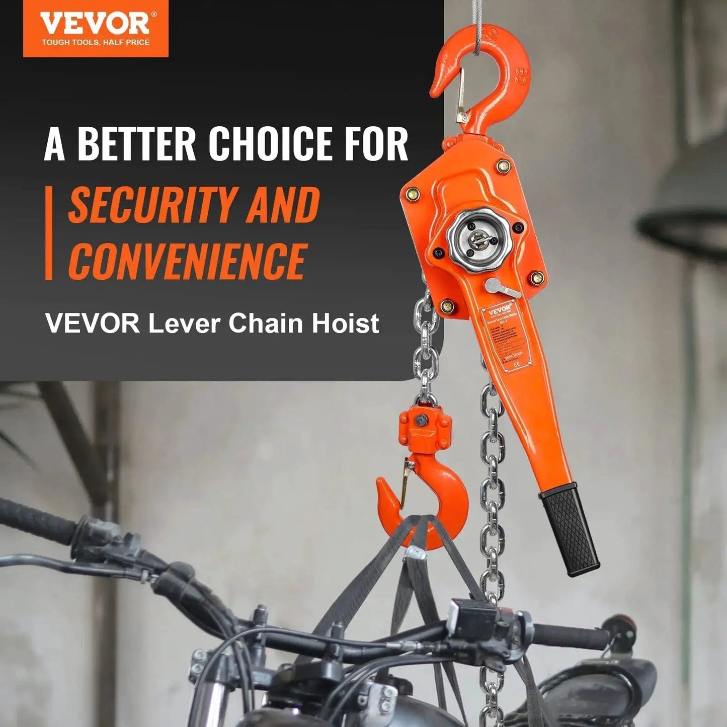 Manual Lever Chain Hoist 3 Ton 6600 Lb, 20 Ft, G80 Weston Brake 360 Degree Hook, shown in use lifting an object.