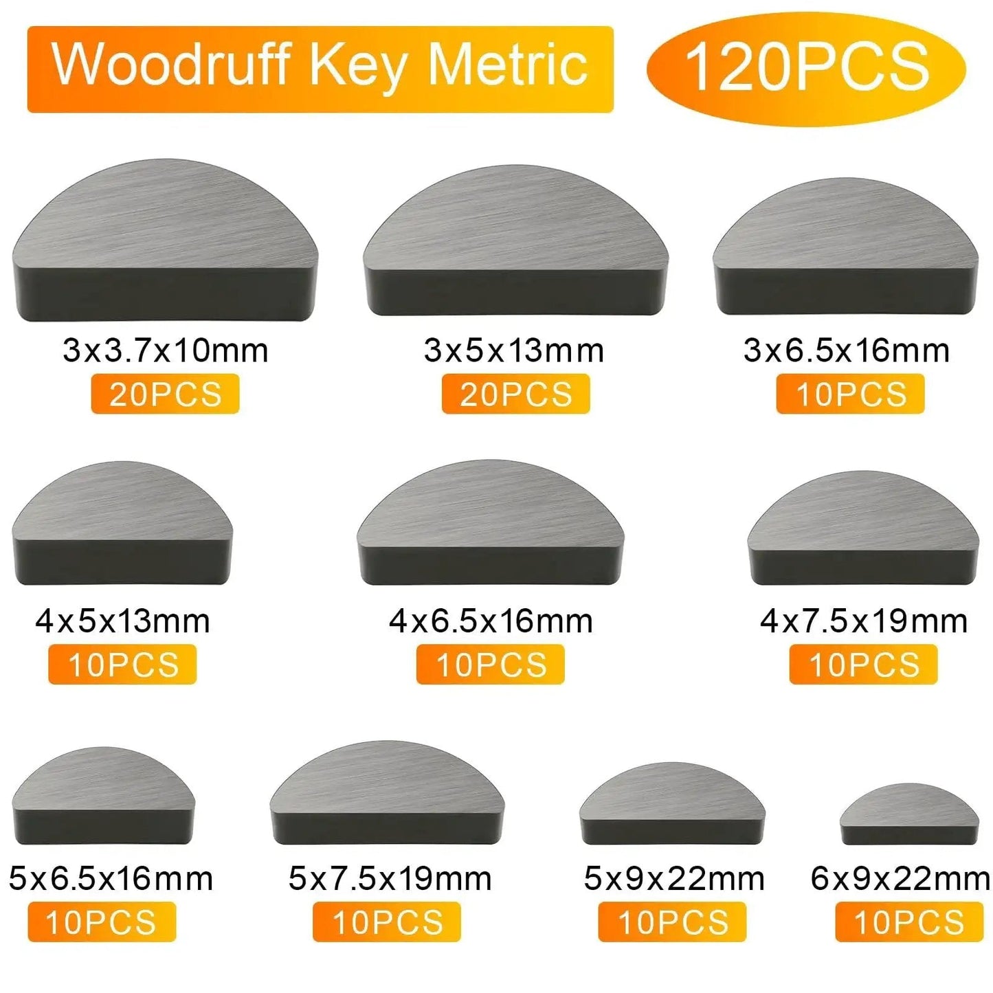 Woodruff Key Assortment Kit, 120 Pieces, 10 Popular Half Moon Key Sizes, carbon steel with anti-rust coating displayed in sizes.