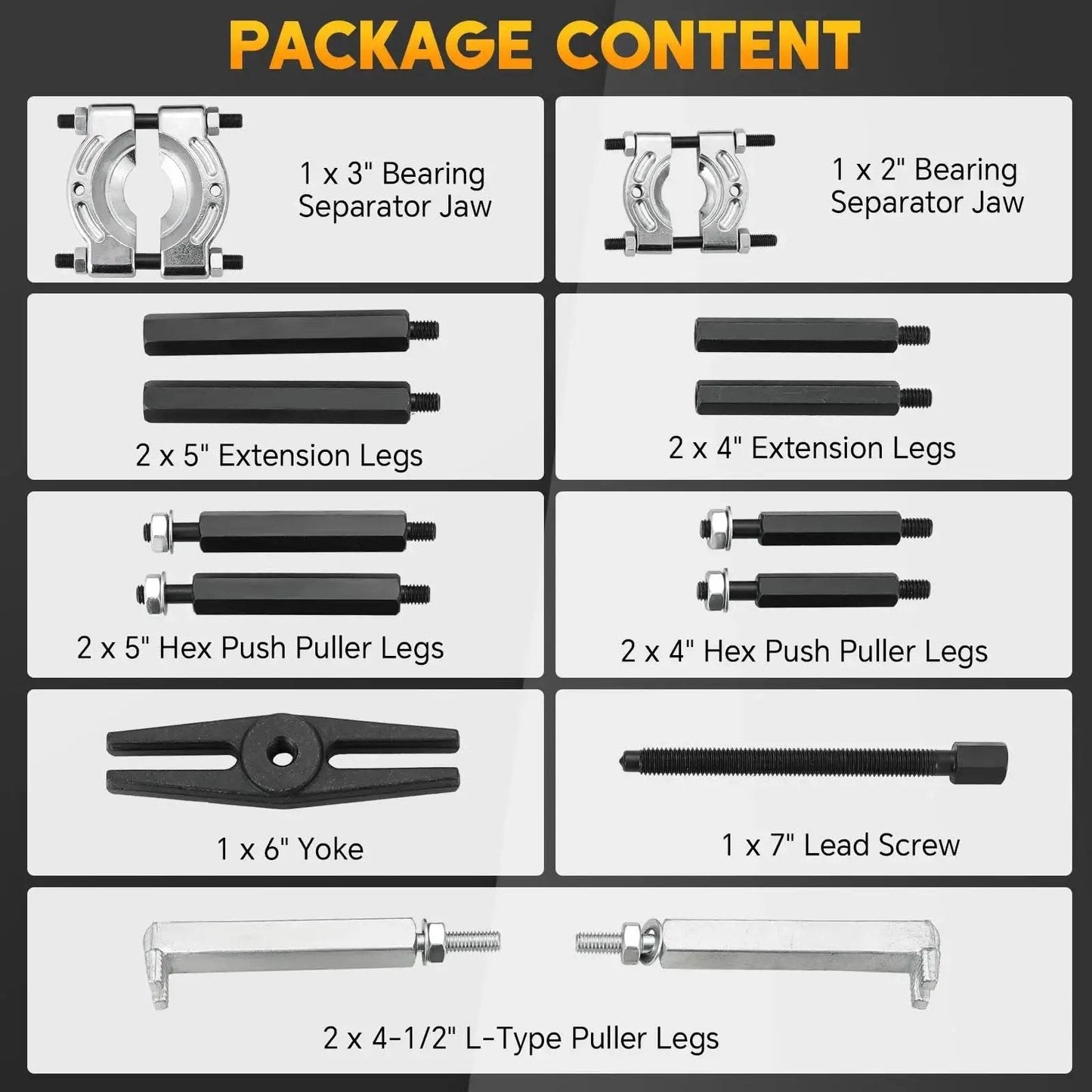 Package content of Heavy Duty 5 Ton Bearing Puller Set with 14 piece wheel hub axle puller kit, including bearing separators and extension legs.