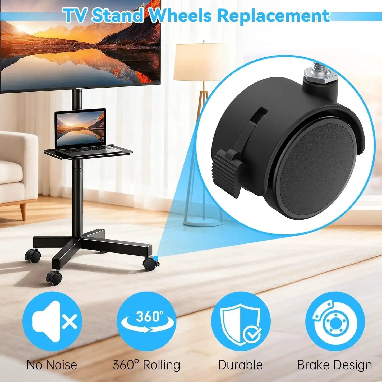 Four Pack Two Inch TV Stand Wheels With M8 Threaded Stem Swivel Casters With Locking Brakes Heavy Duty Nylon Replacement Wheels