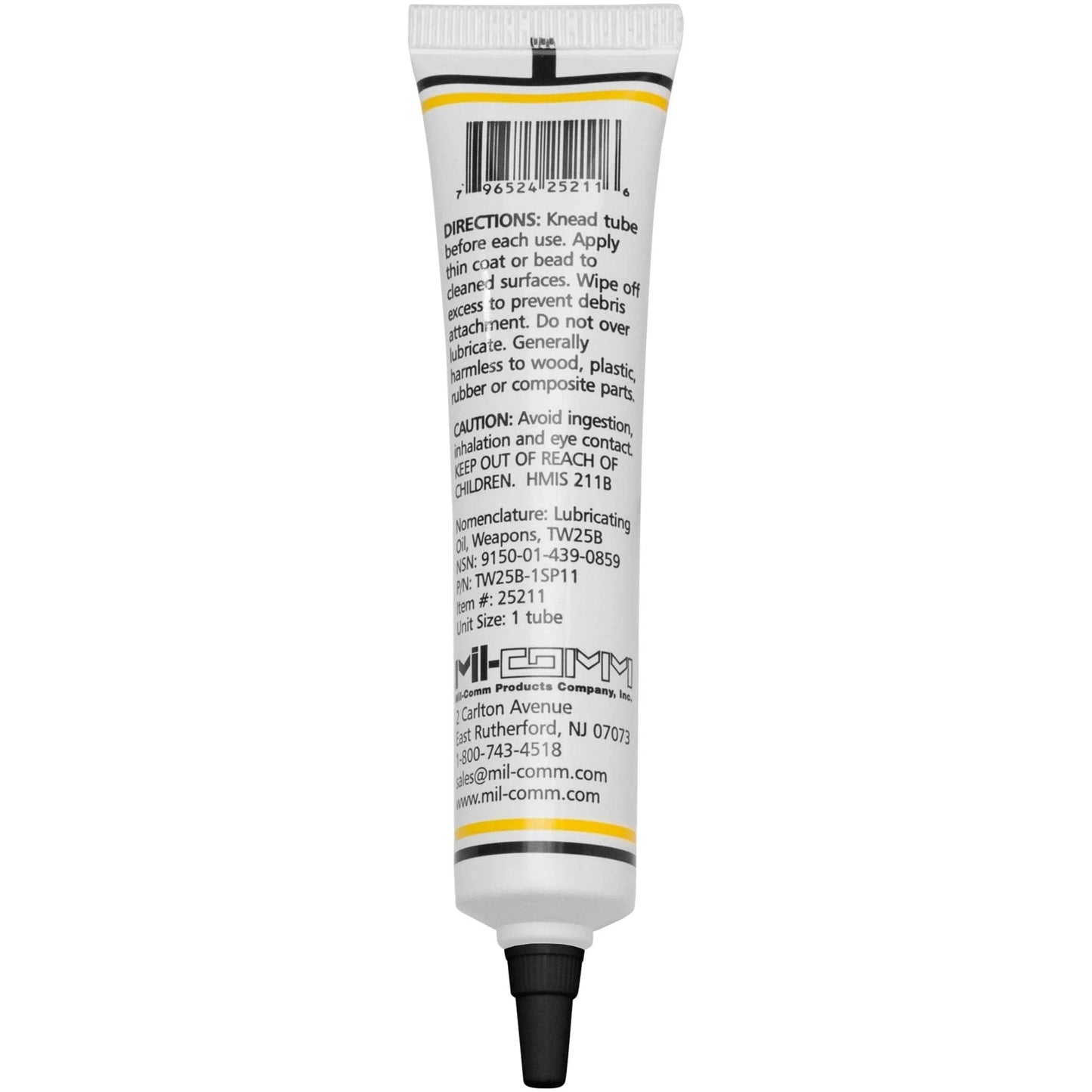 Back view of Military Grade Gun Grease TW25B Lubricant For Firearms 1.5 Ounce Tube Made In USA MIL-COMM, showing instructions