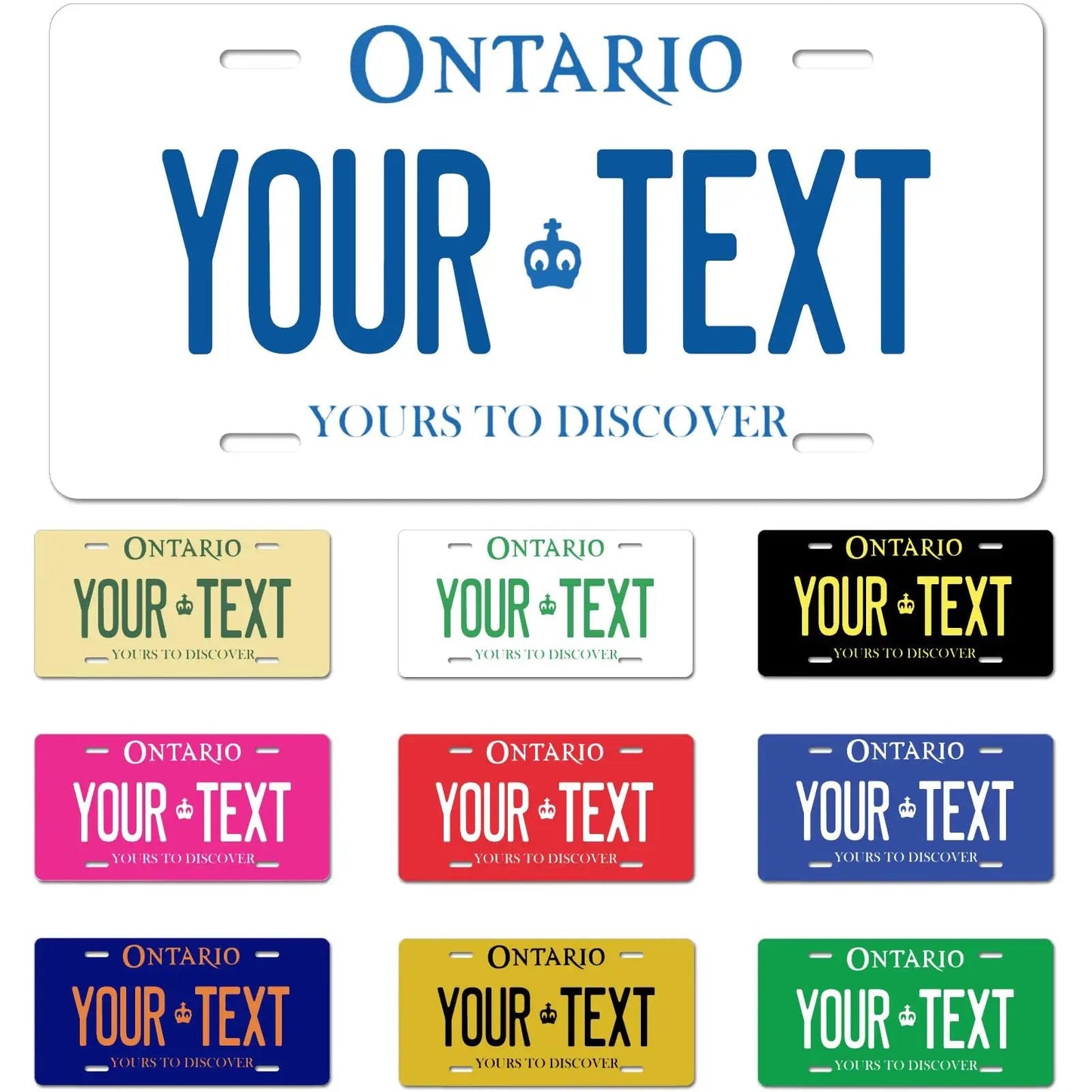 Custom Ontario License Plate 6x12 Aluminum showing various colors and personalized text options for vehicle use.