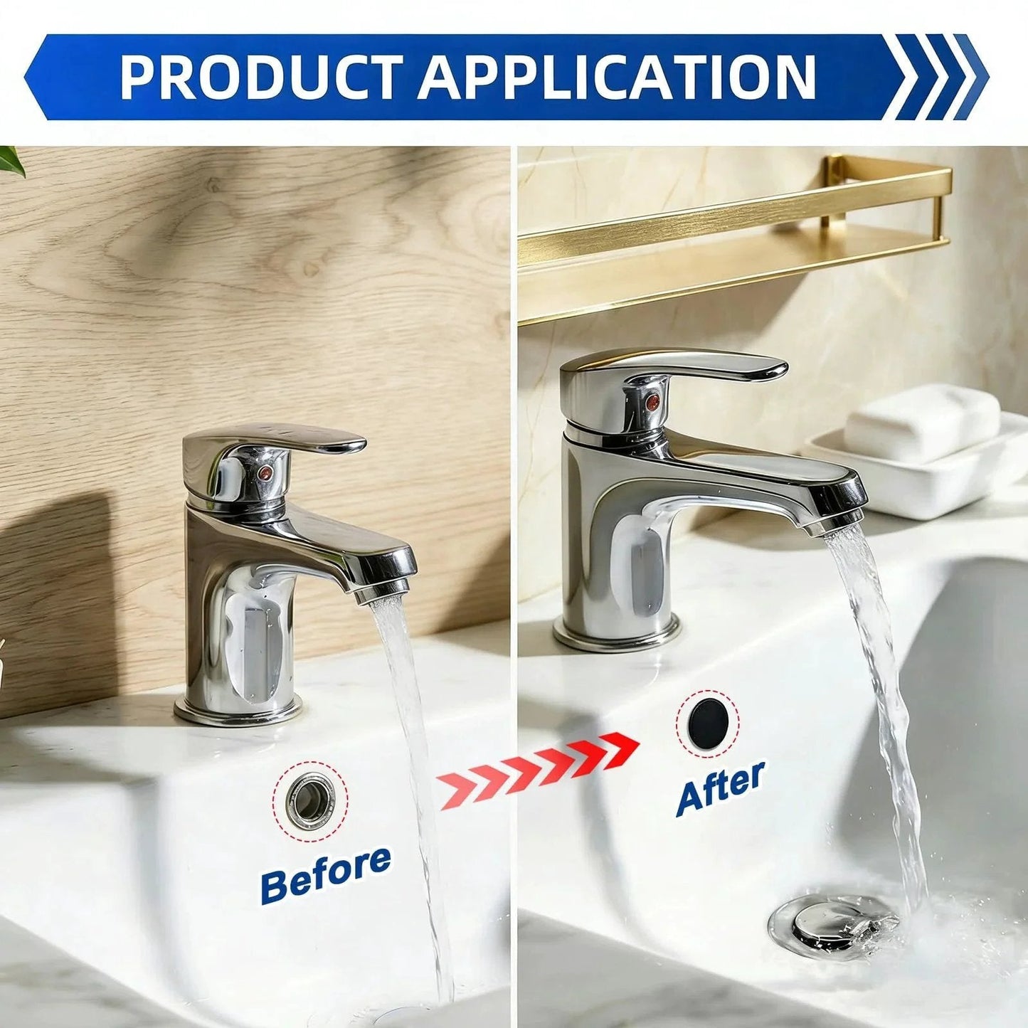 Bathroom sink showing before and after using 150 Piece Flexible Rubber Hole Plugs Kit In 9 Sizes For Round Holes Silicone Snap Locking Plugs.