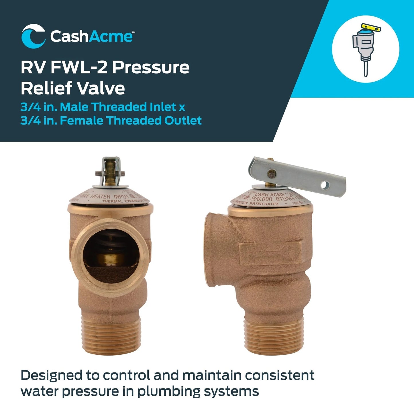 Three Quarter Inch RV Water Heater Pressure Relief Valve Bronze Body 75 PSI FWL2 With MIP Inlet And FIP Outlet by Cash Acme