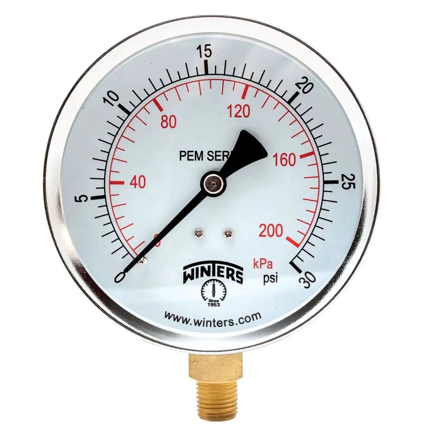 Budget Friendly Four Inch Dial Dry Pressure Gauge With Brass Wetted Parts And Steel Case Dual Scale Zero To Thirty Psi And Zero To Two Hundred KPa