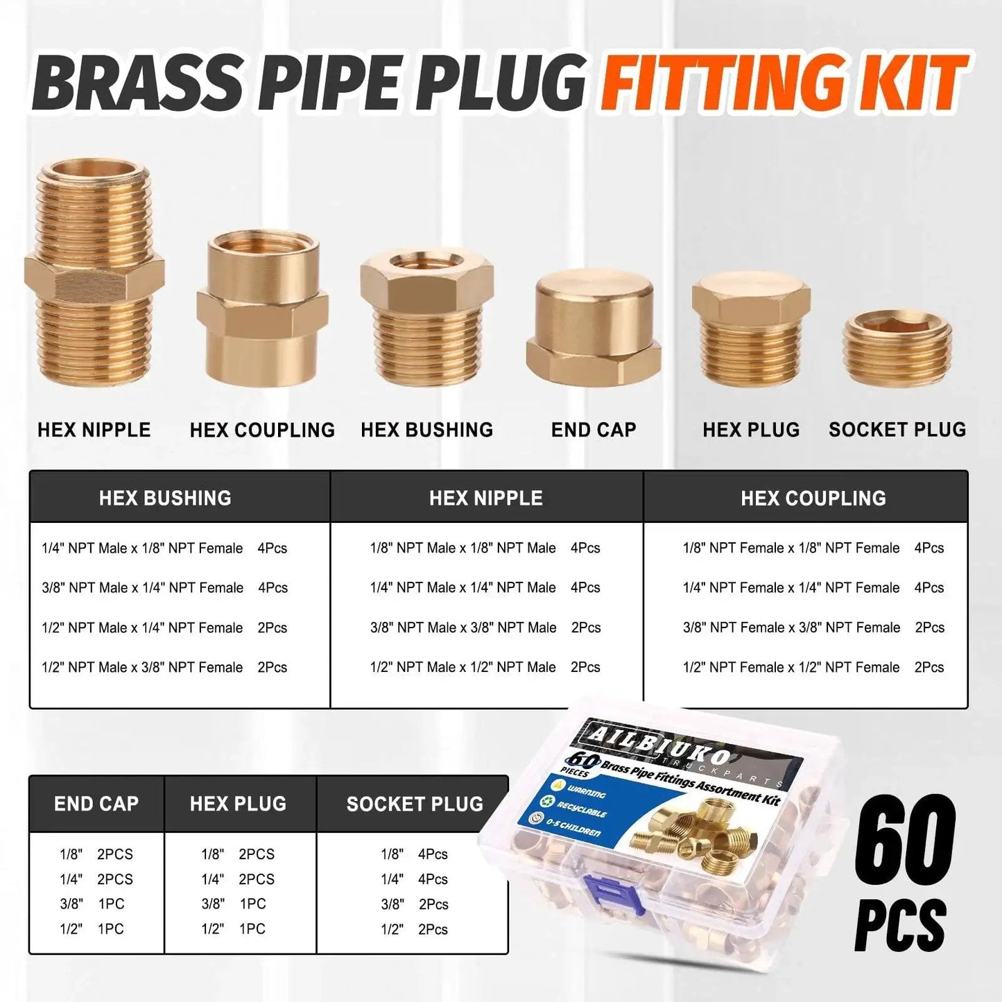 60 Pieces Brass Pipe Fittings Assortment Kit With NPT Male Hex Nipples NPT Hex Bushings Reducing Hex Couplings Hex Head Plugs End Caps Socket Plugs And Teflon Tape For DIY Home Plumbing Projects Value Pack Pro Grade in packaging