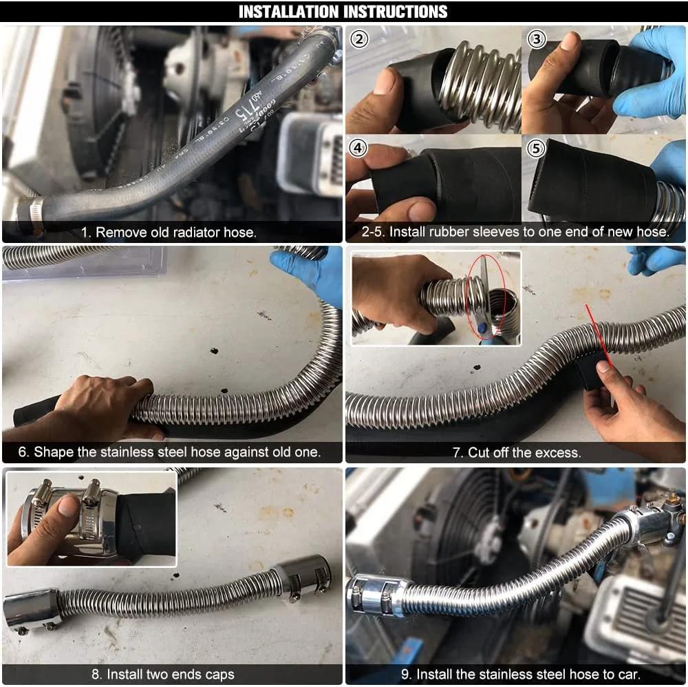 Universal 48 Inch Stainless Steel Radiator Hose Kit installation steps with flexible hose and clamps for DIY automotive repair.