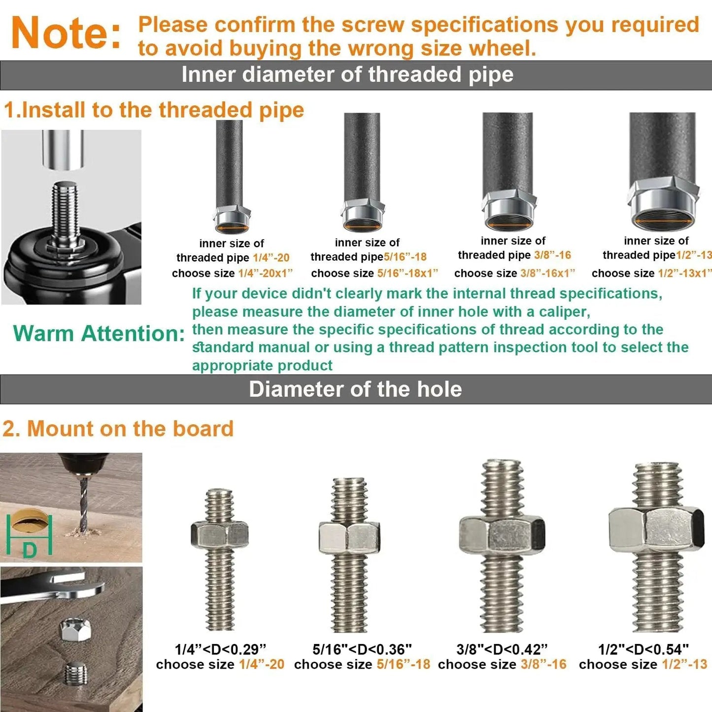 Diagram of screw specifications for mounting Four Inch Stem Caster Wheels Set Of Four Heavy Duty With Half Inch 13 UNC X 1 Threaded Stem Dual Lock Brakes Industrial Castors For Cart And Furniture 2000 Lbs Capacity Per Caster Ideal For Mobile Carts And Industrial Equipment Use.