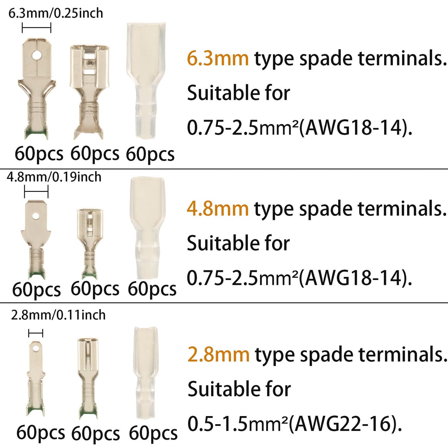Ultimate 540 Piece Spade Connectors Kit With Insulating Sleeves And Crimp Terminals in 2.8mm, 4.8mm, and 6.3mm sizes.