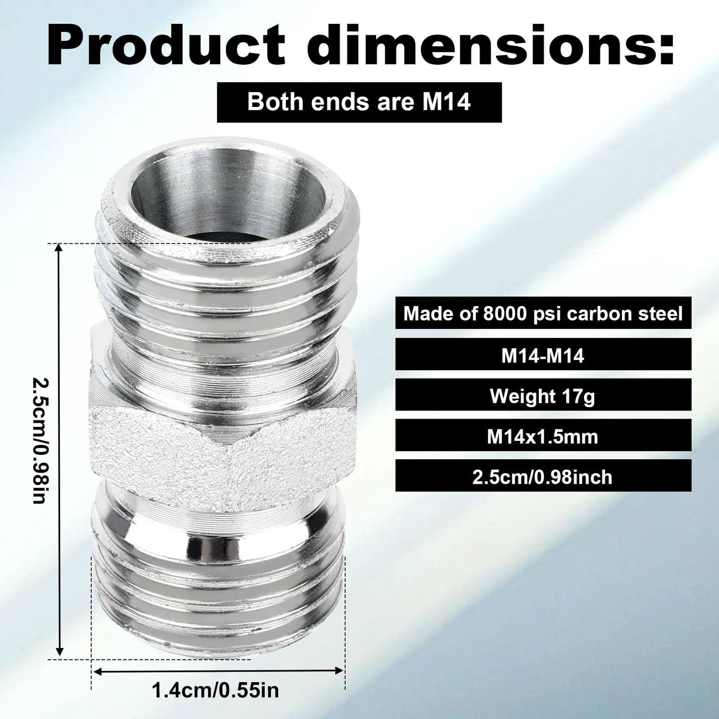 Set Of 2 M14x1.5 To M14x1.5 Carbon Steel Hydraulic Hose Thread Adapters For Mini Excavator And Heavy Equipment Built Tough With 8000 Psi Compatible With AGT FF Industries And More showing product dimensions and specifications