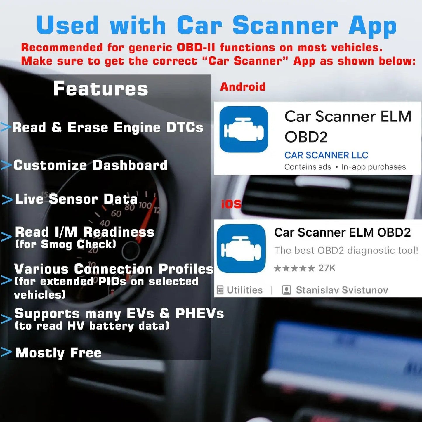 OBD II Bluetooth Scanner for iOS and Android With Wireless Check Engine Light Code Reader and DIY Car Diagnostic Tool for Gearheads by Veepeak features overview on car dashboard.