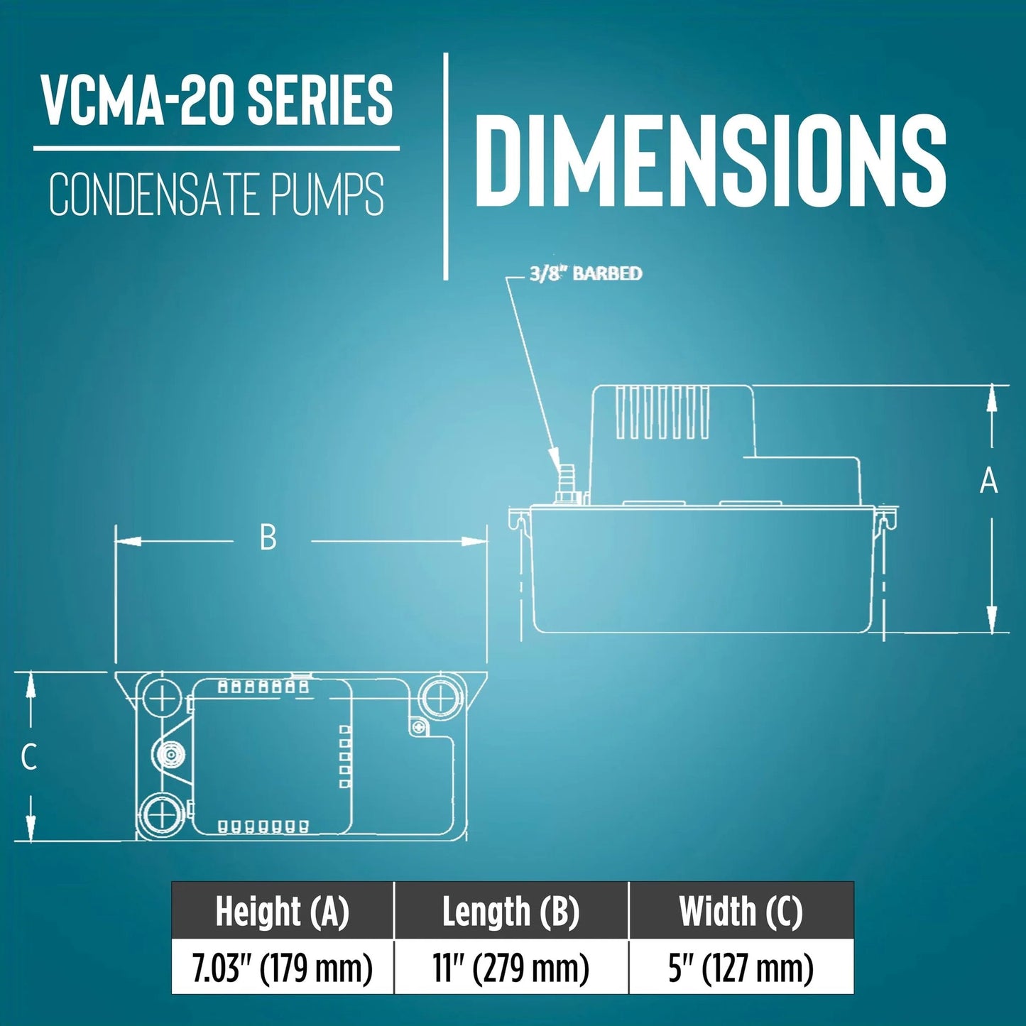 Automatic Condensate Removal Pump dimensions for HVAC Refrigeration and Dehumidifiers With Overflow Detection Switch No Fuss VCMA 20ULST