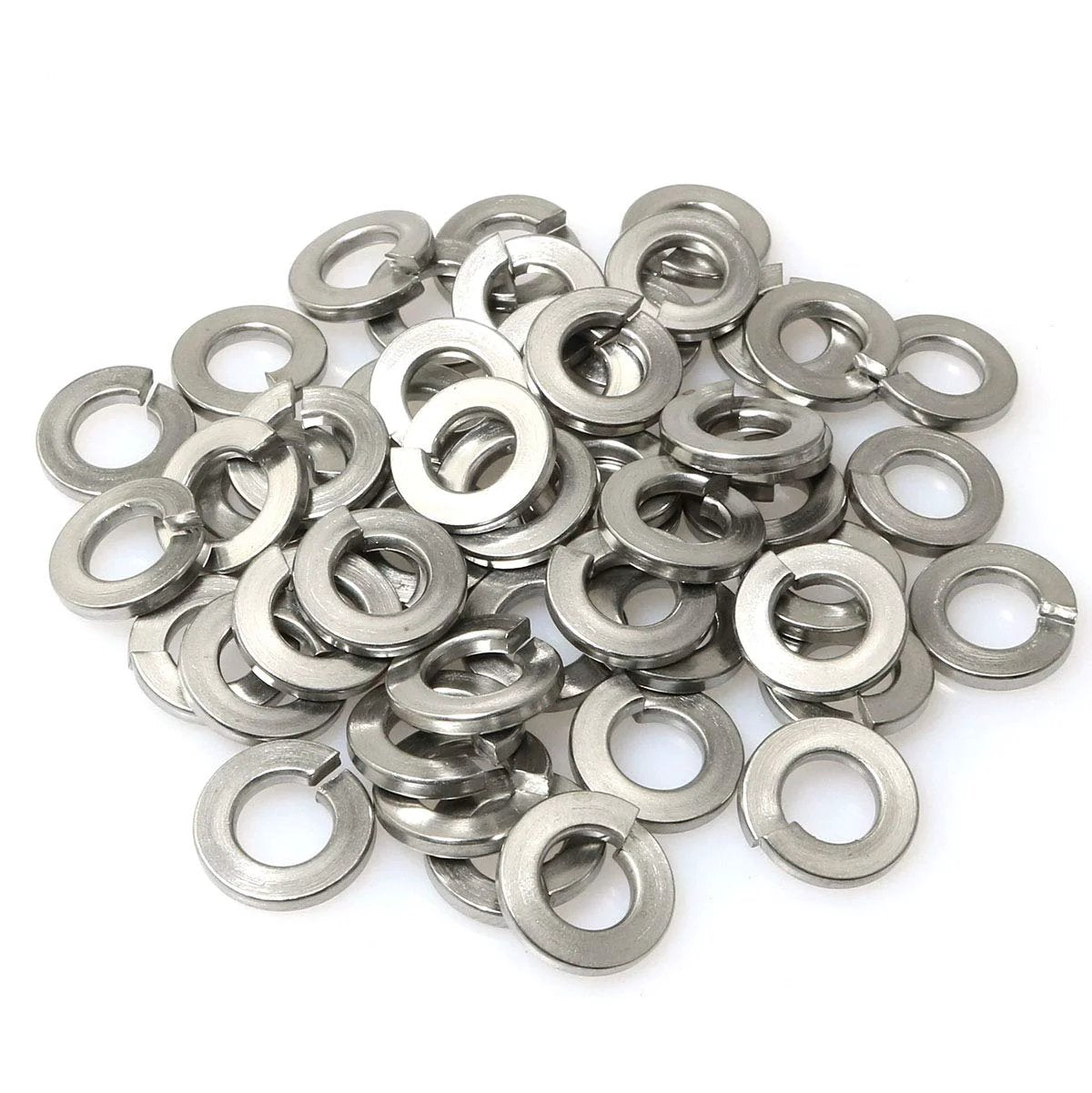 50 Pack One Quarter Inch 304 Stainless Steel Split Lock Washers DIN127 For Bolt And Machine Screw Hardware, All Weather Tough And Corrosion Resistant For Outdoor Use, High Tensile Strength 100000 To 125000 Psi, 85 Rockwell B, Silver Finish