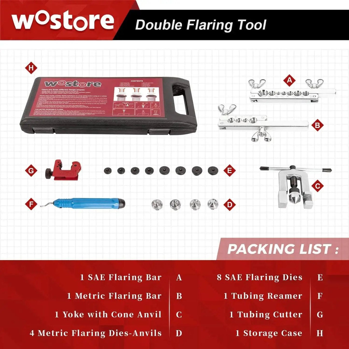 Brake Line Flare Kit for SAE Flares with Tubing Cutter and Pipe Reamer 7 Sizes displayed with all components and packing list.