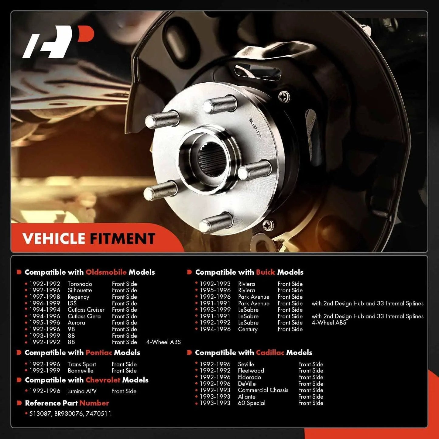 Front Left & Right Hub Assembly Pair with ABS Sensor and 5-Lug Wheel Bearings, compatibility chart for Buick, Cadillac, Chevrolet