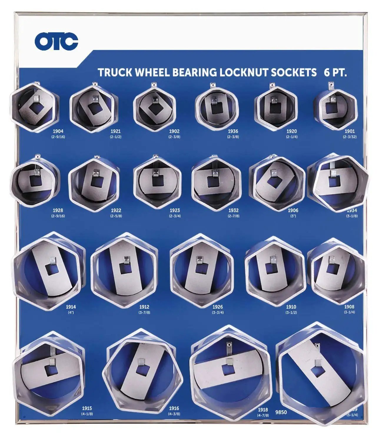 Six-Point Truck Wheel Bearing Locknut Socket Set With 3/4 Inch Drive And Tool Board, 21 sizes displayed on a wall board