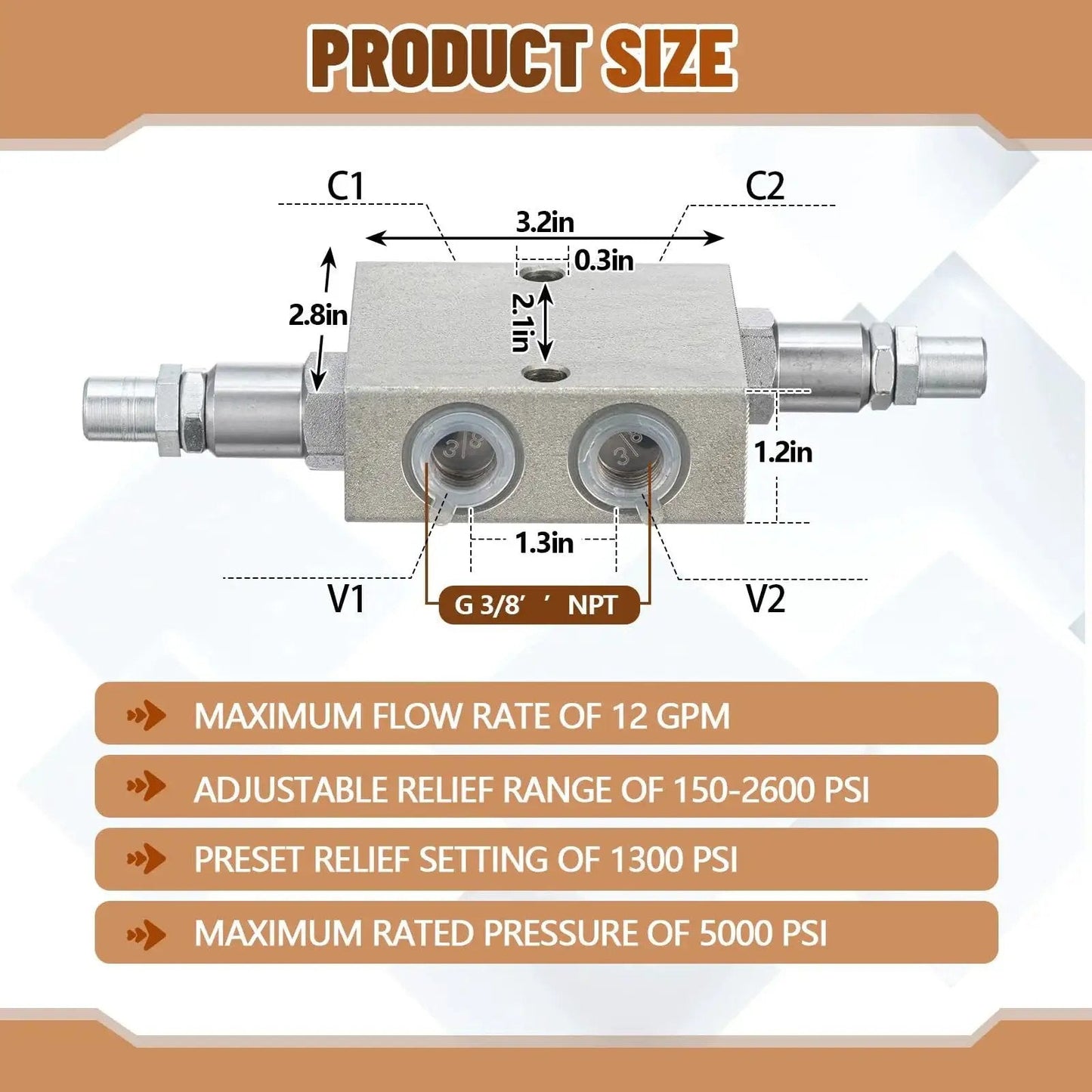 Front view of Dynamic Dual Crossover Hydraulic Relief Cushion Valve Designed For 12 GPM High Flow Hydraulic Circuits With Three Eighths Inch NPT Ports