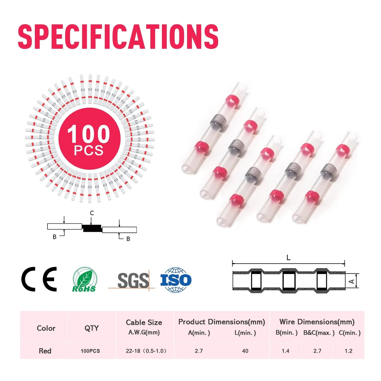 Solder Seal Wire Connectors Kit For Marine And Auto, 100 Pcs Red Heat Shrink Butt Connectors AWG 22-18 specifications