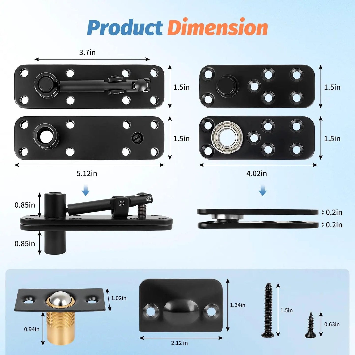 Heavy Duty Hidden Door Hinge Kit With 570 Lbs Load Bearing, 360 Degree Swing Pivot Hinge dimensions and components visualization.