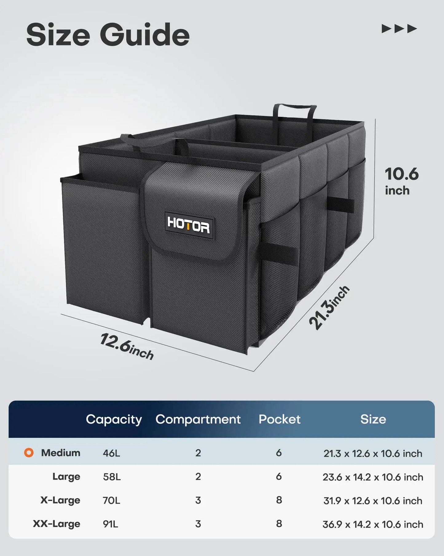 Foldable Car Trunk Organizer For SUVs And Sedans With Two Large Compartments And Six Mesh Pockets Keeps Groceries Tools And Gear Neat And Ready For Any Trip On The Go In Black size guide with dimensions.