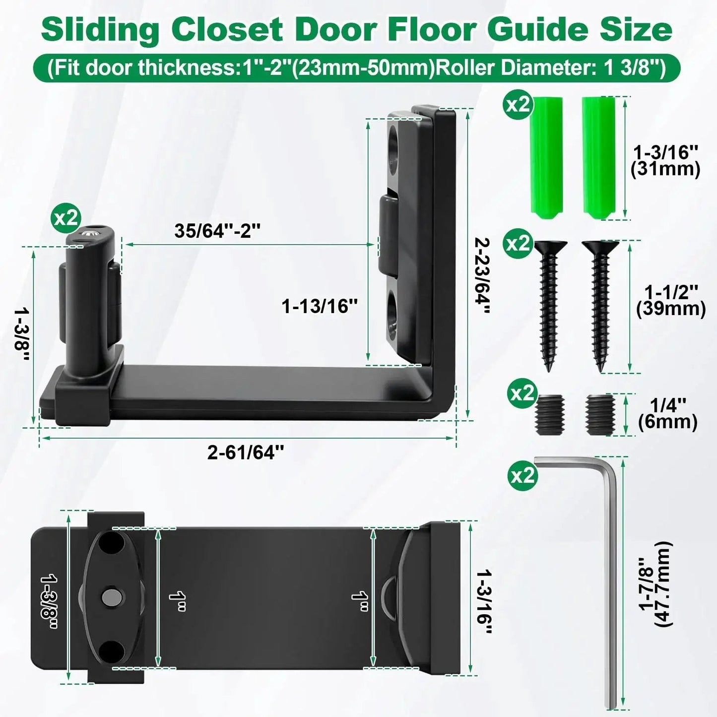 Diagram of Sliding Barn Door Floor Guide And Wall Mount Set with Adjustable U Shape, black, size details shown