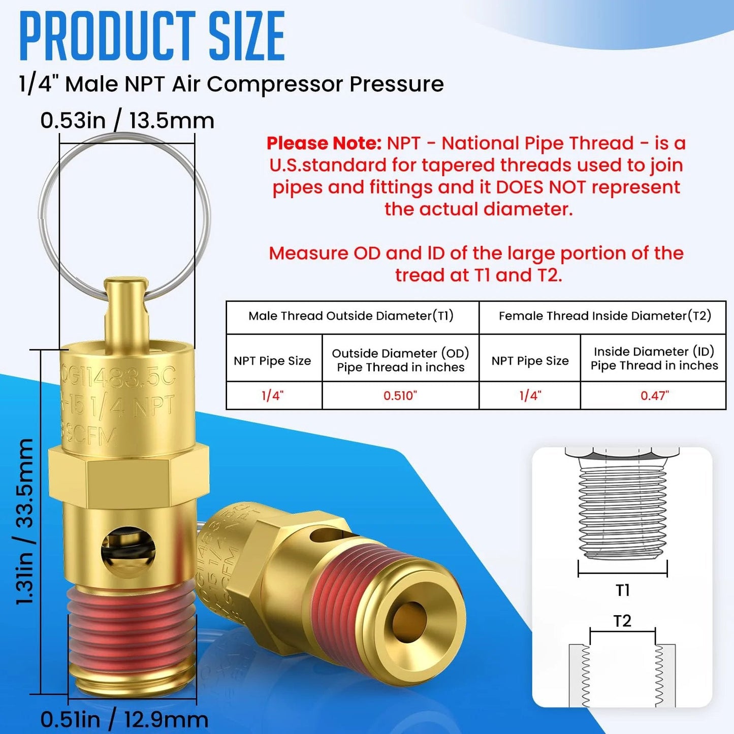 Brass safety valve for air compressors 175 PSI pressure relief one quarter inch NPT male threads two pack showing dimensions