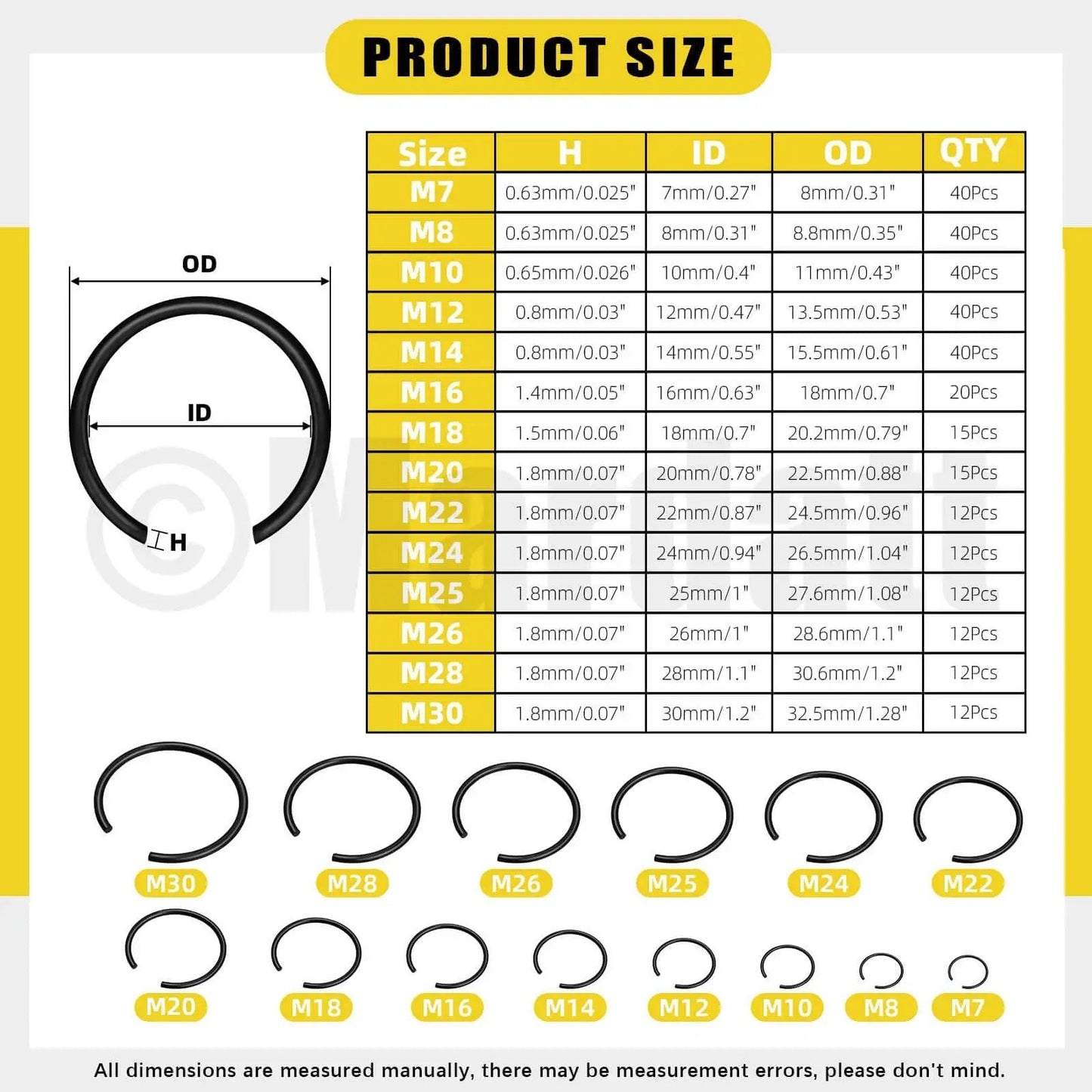 322 Piece Round Wire Snap Rings Set With 14 Sizes From 7mm To 30mm Internal C Clips Retaining Rings For Holes 65Mn Steel chart