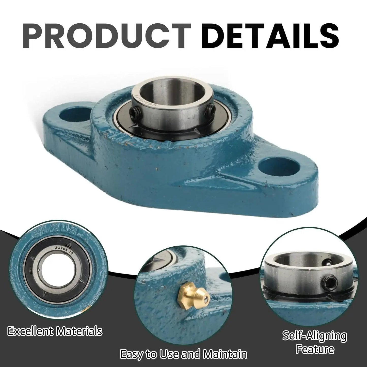 Heavy Duty Built To Last 1 Inch Bore Pillow Block Bearing UCFL205-16 With Self Alignment, showing cast iron housing and flanged mount