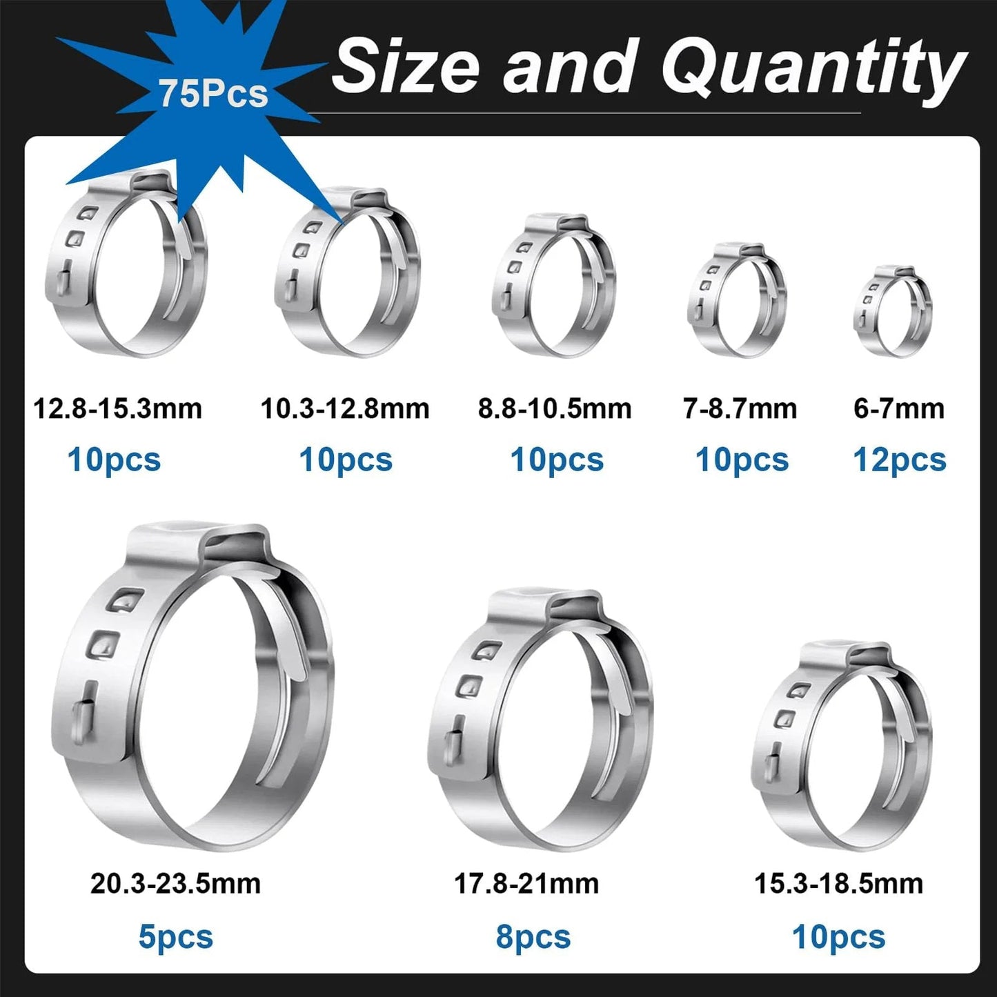 75 Pcs 8 Sizes 304 Stainless Steel Single Ear Hose Clamps Crimp Stepless Assortment Kit Showing Various Sizes from 6 to 23.5mm