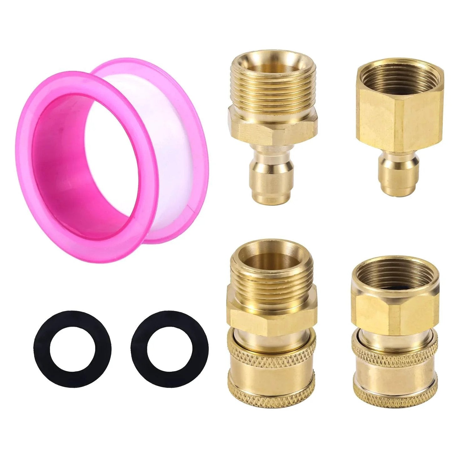 4 Pack M22 To 15mm To One Quarter Inch Pressure Washer Adapters Quick Disconnect Hose Fittings Kit For Power Washers Up To 5000 PSI With Gaskets And Tape