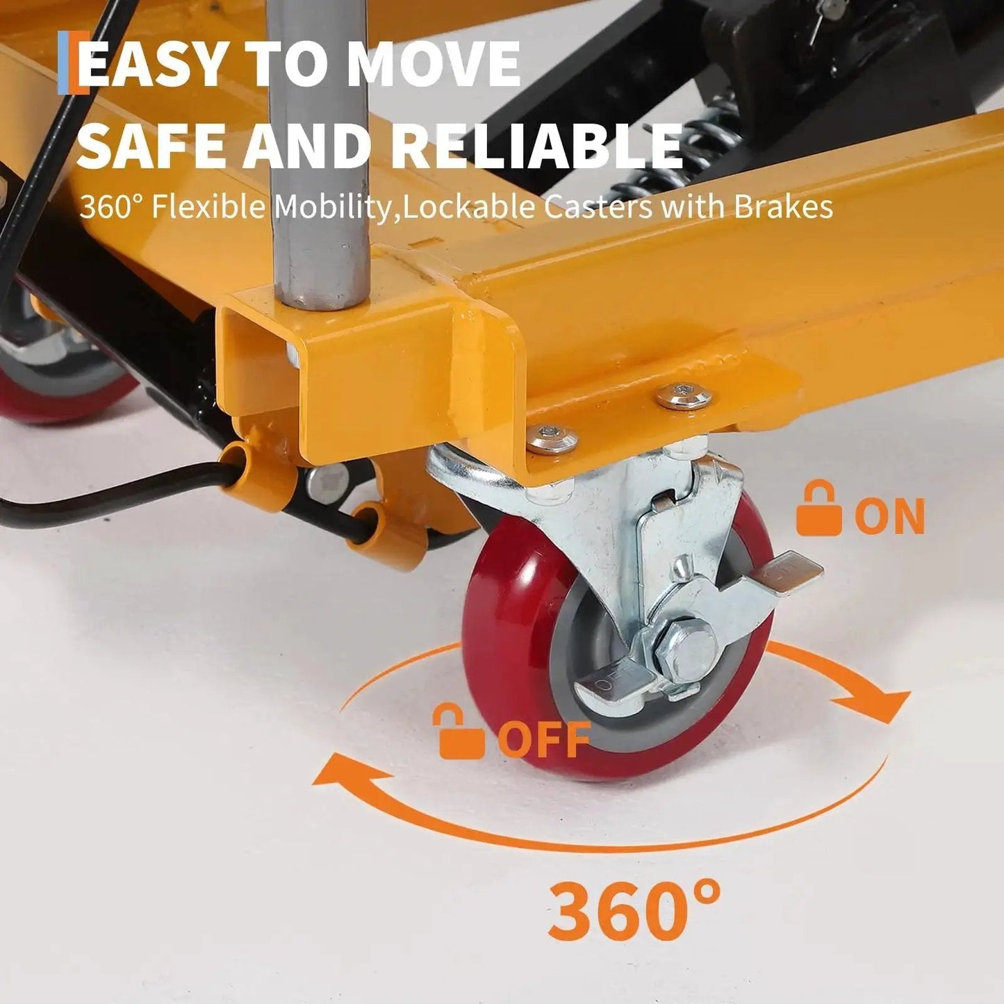 Close-up of Durable Hydraulic Lift Table Cart 770 Lb Capacity 50.7 Inch Lift With Wheels showing caster with brake mechanism.