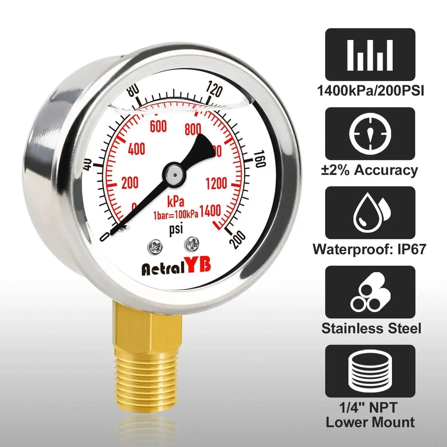 Heavy Duty Water Pressure Gauge 0-200 Psi 2 Inch Waterproof Liquid Filled Stainless Steel Lower Mount 1/4 Inch NPT Dual Scale Gauge