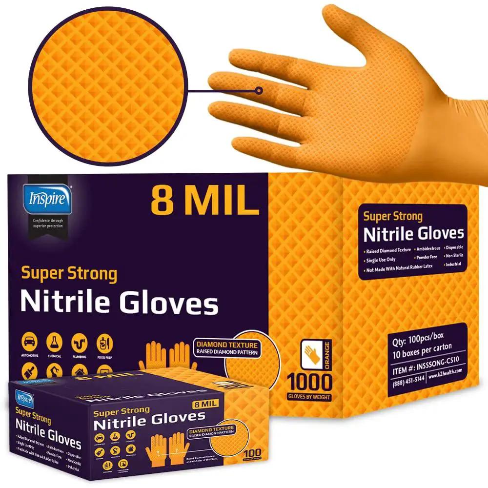 8 Mil Orange Nitrile Gloves With Diamond Textured Grip For Industrial And Food packaging and gloves
