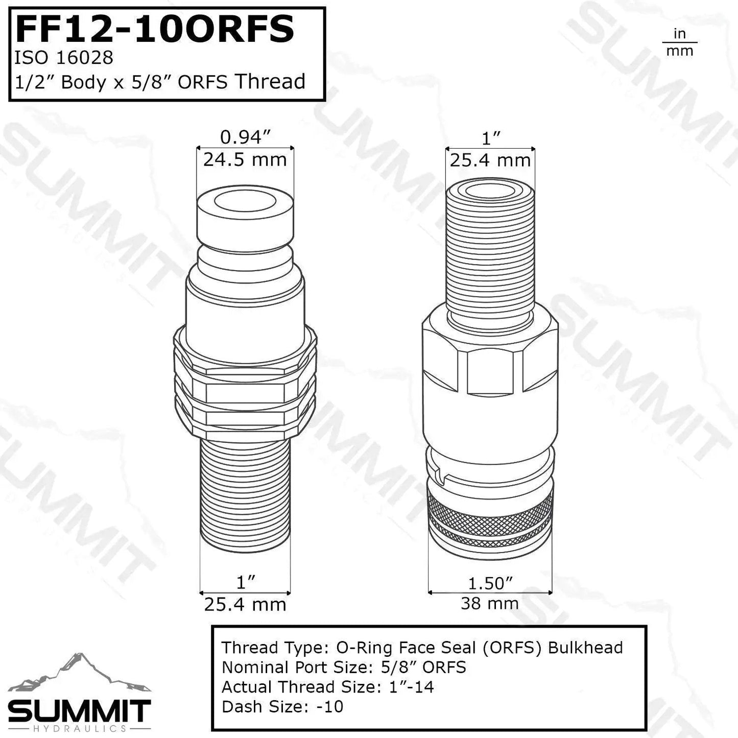 Flat Face Hydraulic Quick Connect Coupler for Skid Steer Mounts, Five Eighth ORFS Bulkhead Adapter, ISO 16028, 1/2 Inch Body, Diagram