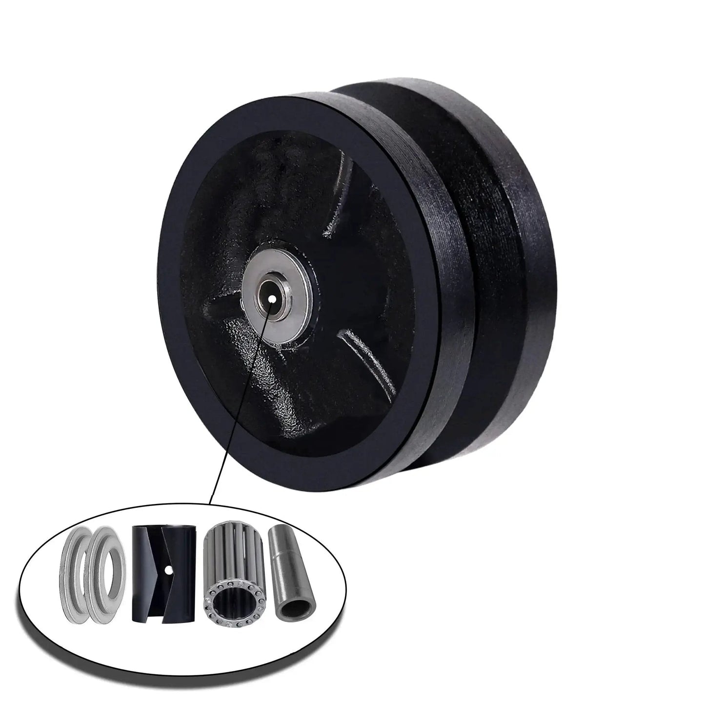 4 Inch By 1-1/2 Inch Cast Iron V Groove Caster Wheel With Straight Roller Bearing For Heavy Duty Machinery, 600 Lb Load Capacity, Black