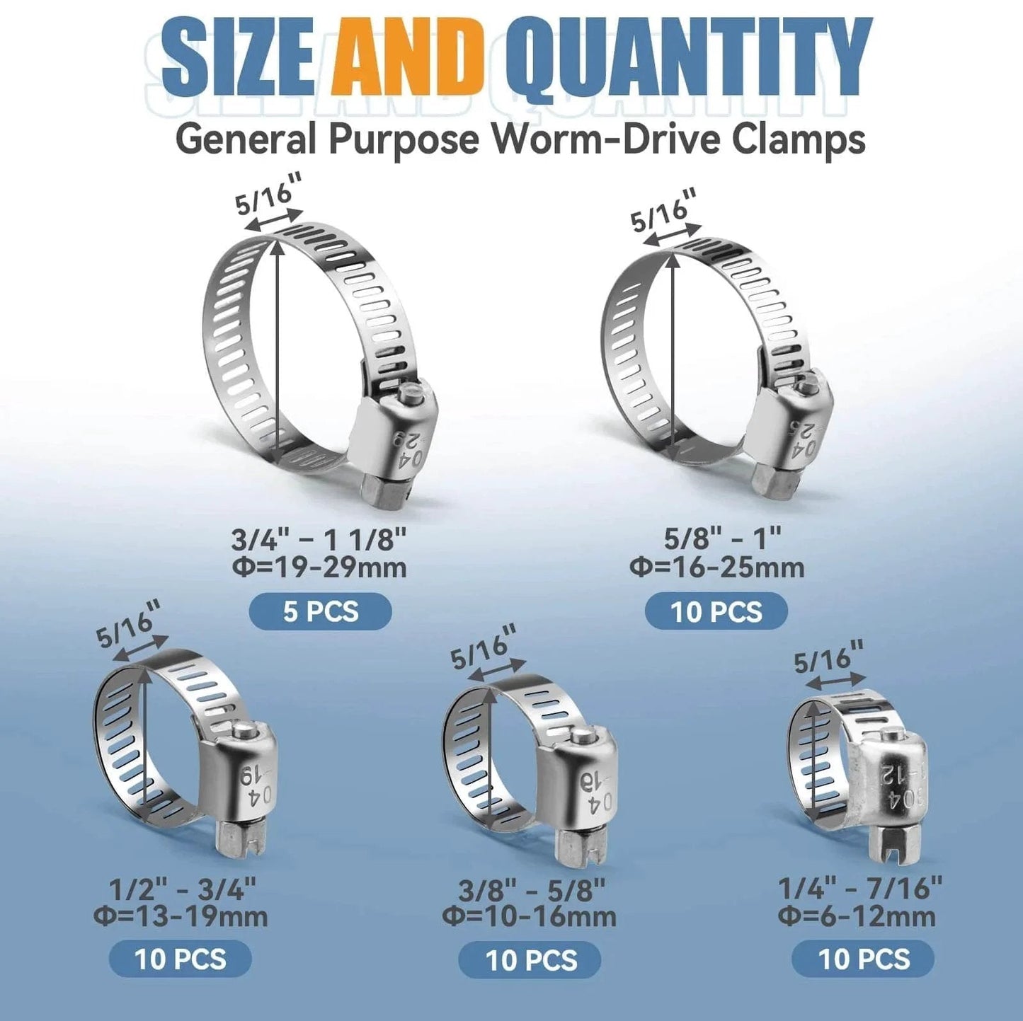 45 Piece Stainless Steel Hose Clamp Kit With Worm Gear Adjustable From 1/4 To 1-1/8 Inches (6-29 Mm) For Plumbing Automotive