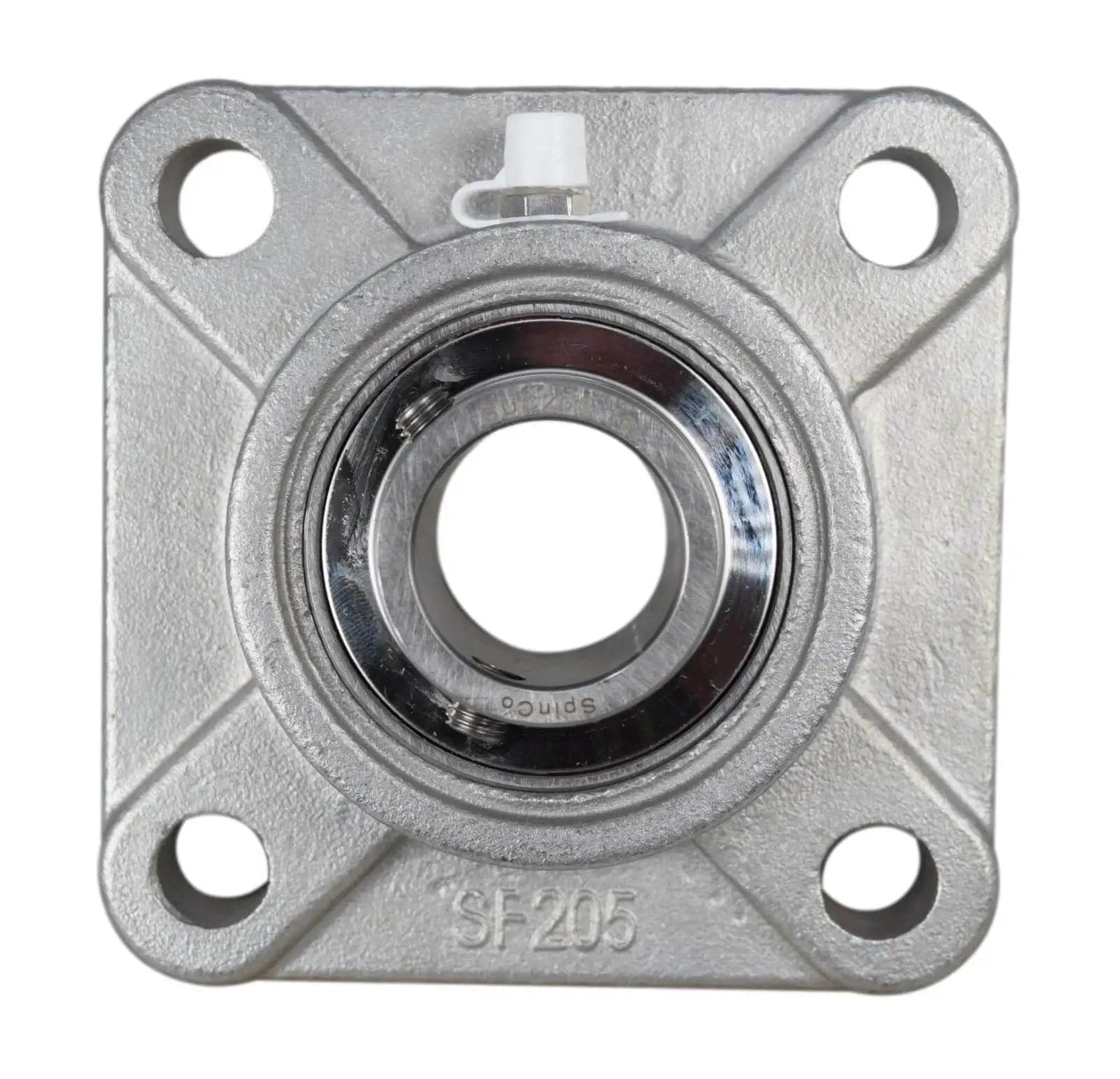 Front view of 1 Inch Stainless Steel Four Bolt Flange Bearing With Grease Zerk, Wide Inner Ring, Two Set Screws, 70mm Bolt Hole Span