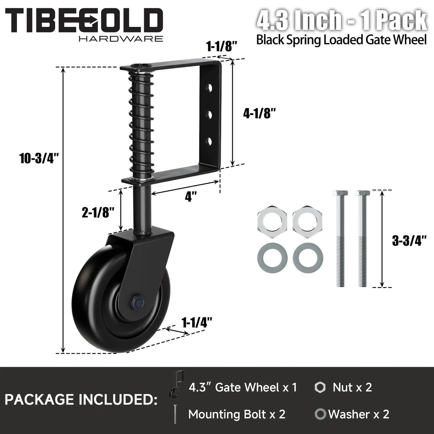 Diagram of a Heavy Duty 4.3 Inch Gate Wheel Caster for Outdoor Wooden Gates and Fences, showing dimensions and included hardware.