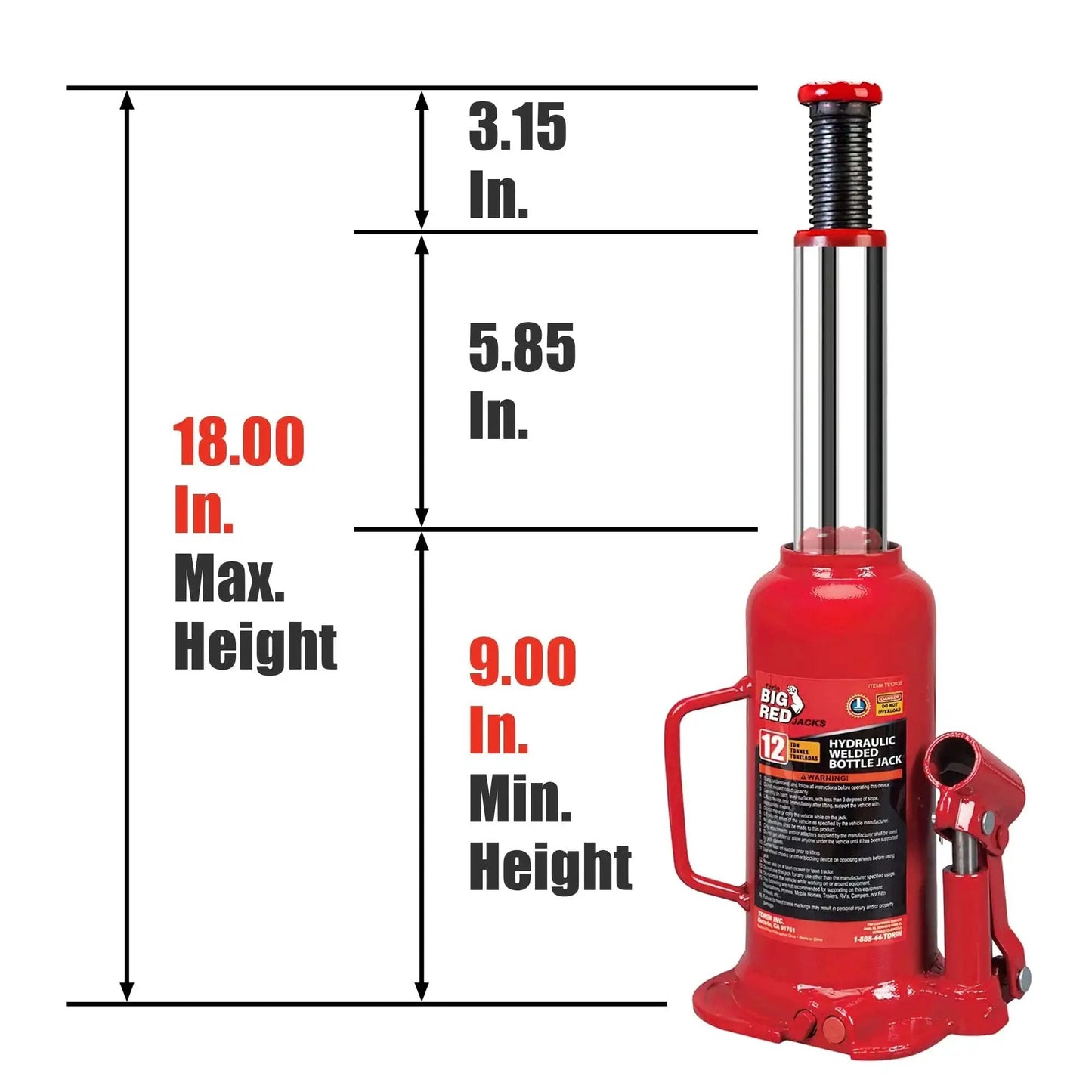 12 Ton Hydraulic Bottle Jack With 9 To 18 Inch Lift And Secure Welded Saddle shown with height dimensions
