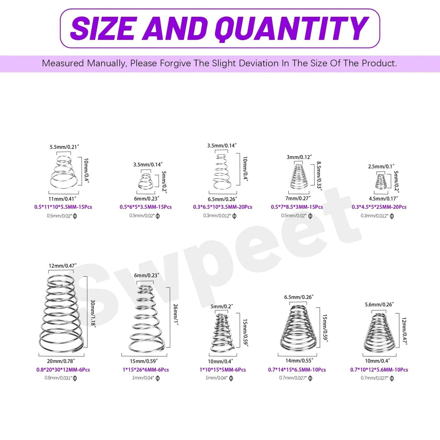 Sizes of Must Have 123Pcs Conical Spring Kit With 10 Sizes 0.3 0.5 0.7 0.8 1 Stainless Steel Small Compression Springs For Repair And DIY Projects Metal Tower Conical Springs Set shown.